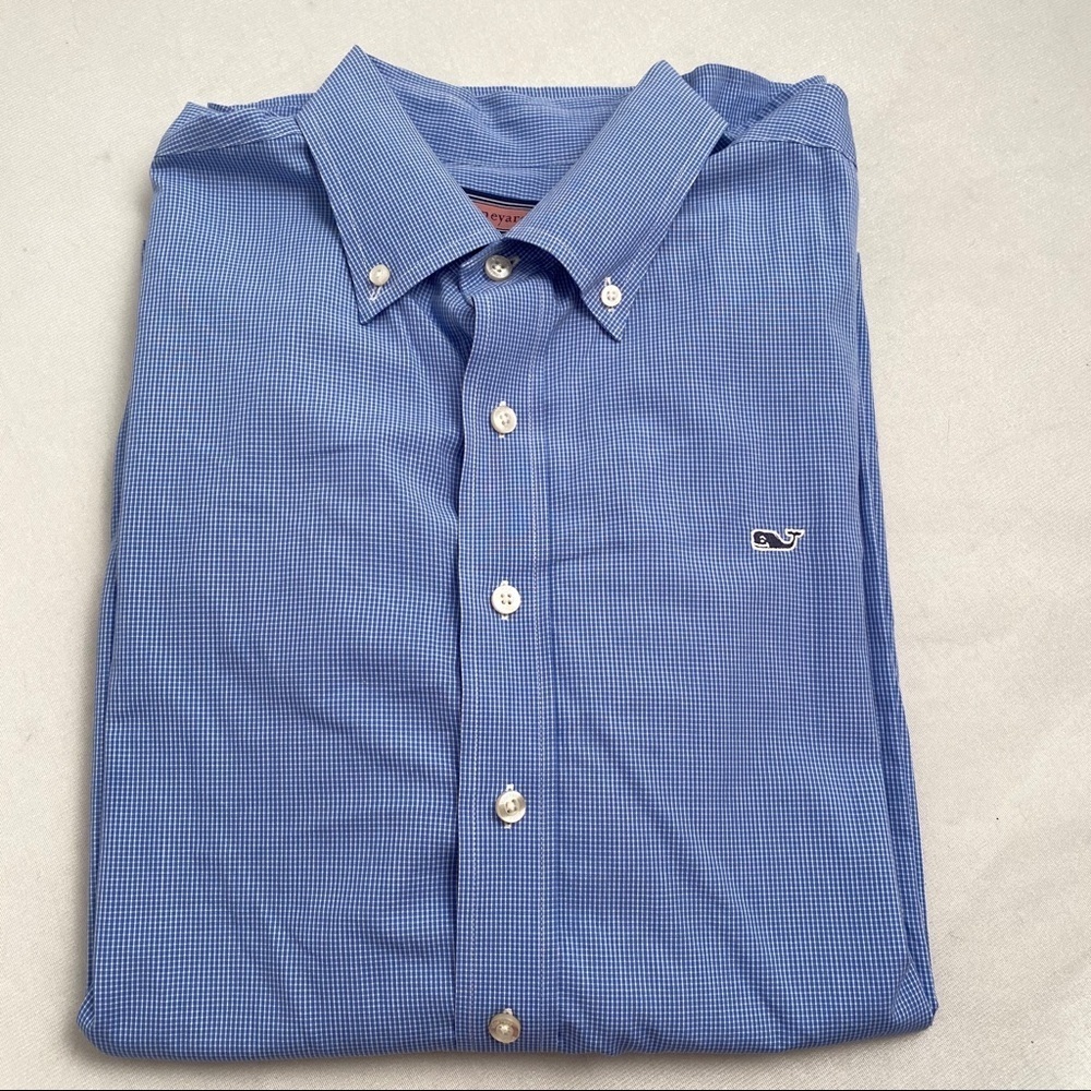 Vineyard Vines blue and white check whale button down shirt
